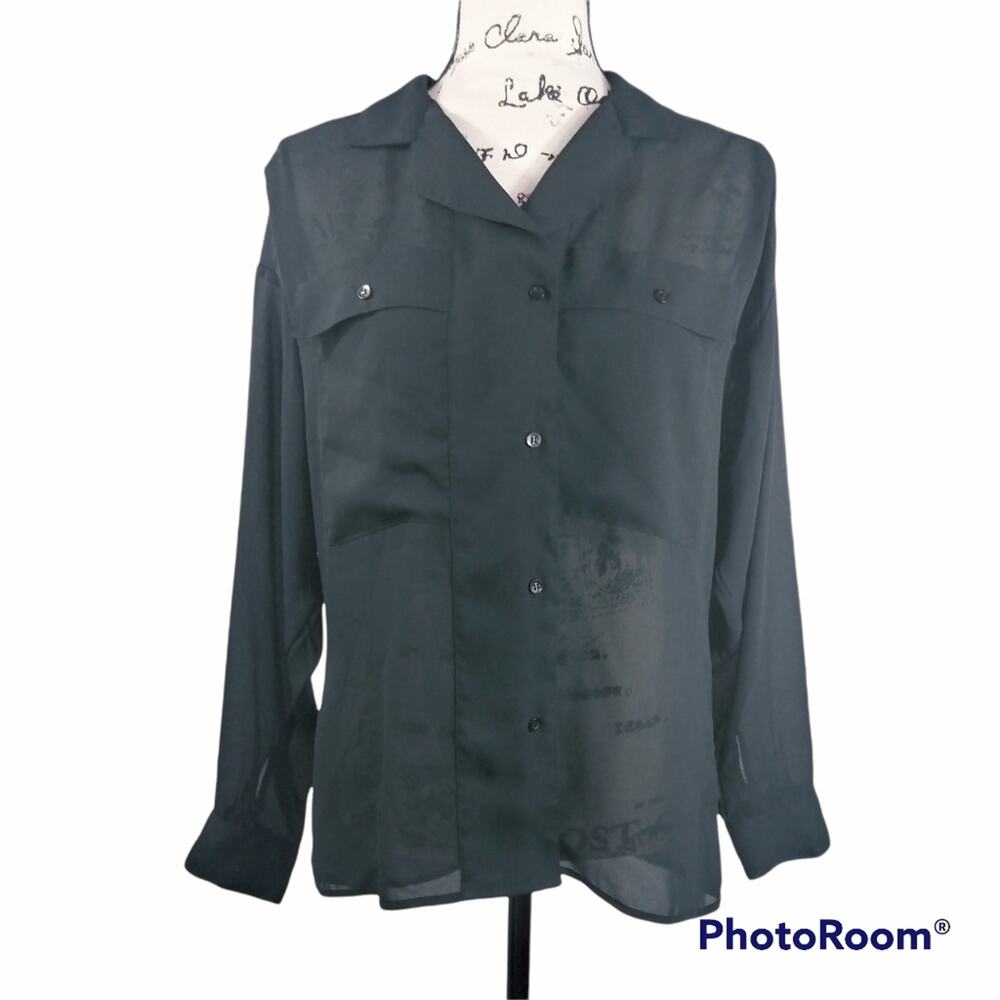 Diane Von Furstenberg VTG Black Sheer Button Up Blouse 12